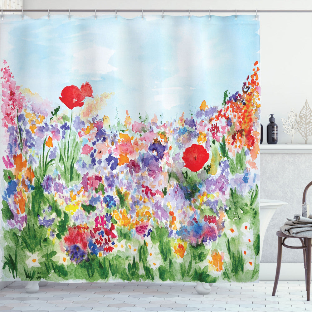 Watercolor Floral Shower Curtain in Summer Blooms - Featuring Purple, Green, and Red Flowers