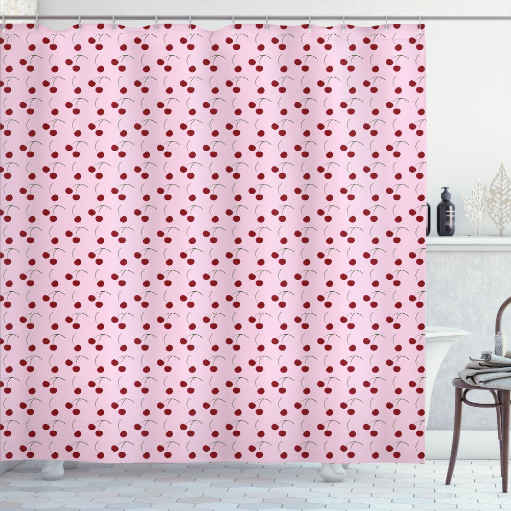 Cherry, Ruby, Baby Pink, and Dark Sepia: Rhythmic Cherry Motif Shower Curtain