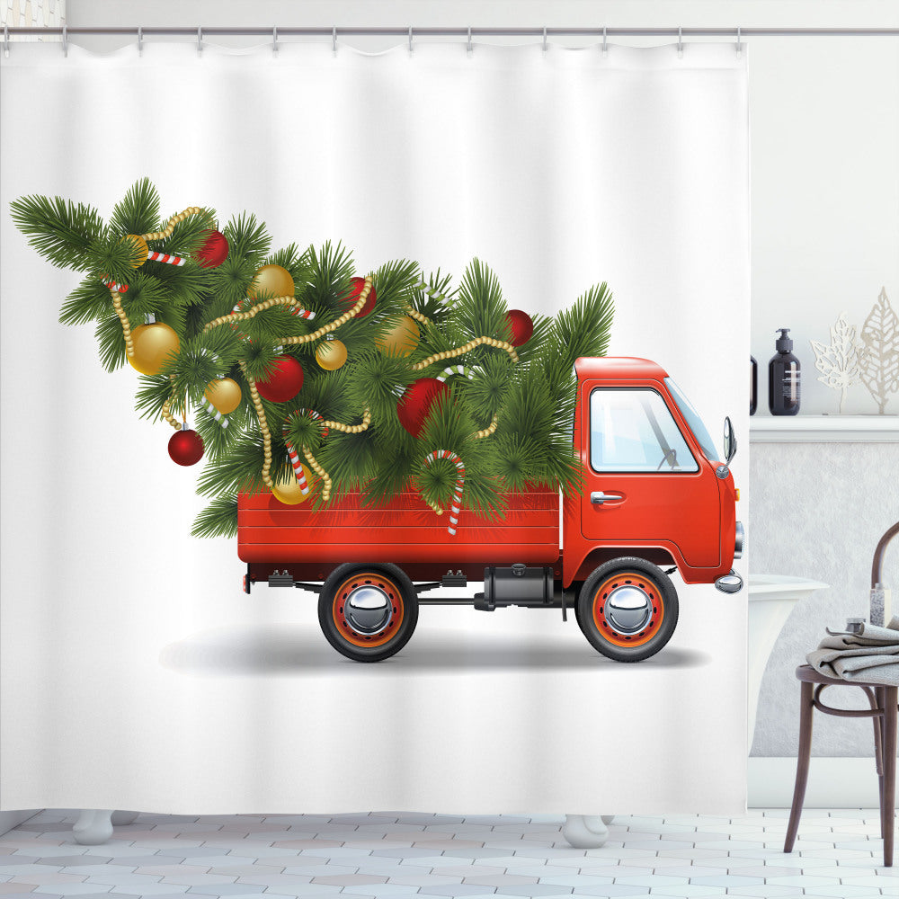 Xmas Truck and Tree Christmas Shower Curtain in White, Green, and Red