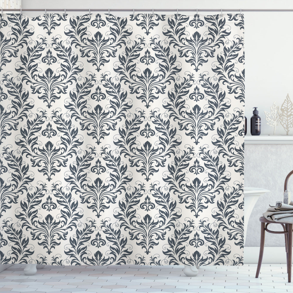 Victorian-Inspired Floral Ornate Damask Shower Curtain in Beige and Grey