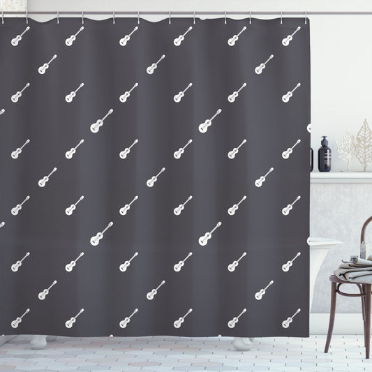 Classic Rock-inspired 4 String Guitars meet Charcoal Grey and White Shower Curtains