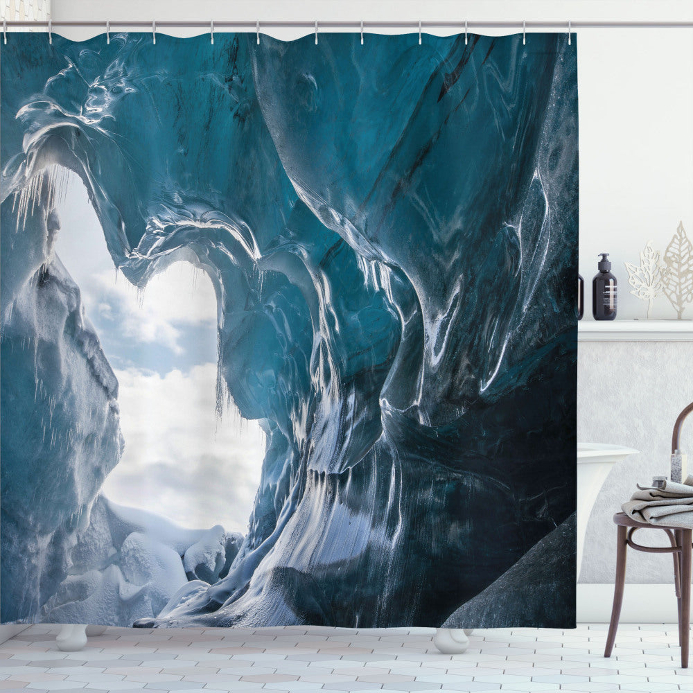 Vatnajokull Cave Inspired Shower Curtain in Charcoal Grey, Pale Blue, and White Colors