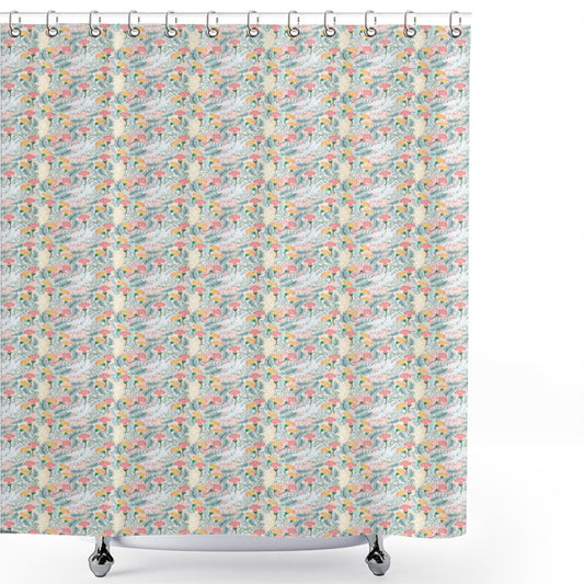 Botanical Beauty: Endemic Branches Flowers Shower Curtain in Coral, Pale Orange, Jade Green, and Pale Azure Blue