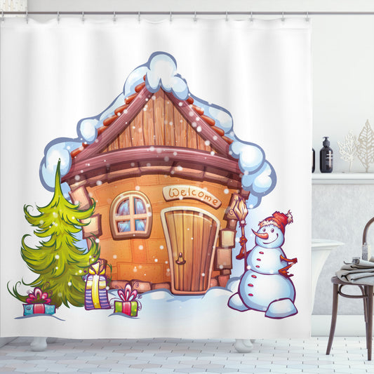 Christmas Cartoon House Shower Curtain in Caramel, White, and Green