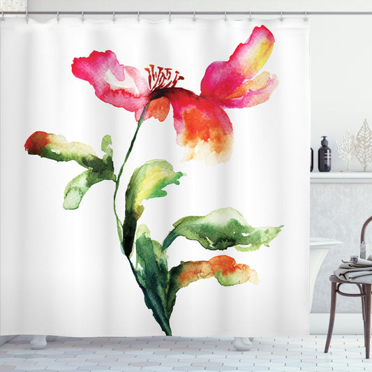 Watercolor Flower Poppy Design Shower Curtain in White, Green, and Red