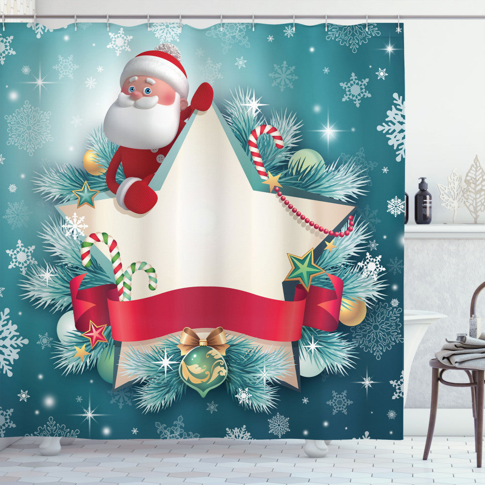 Christmas-themed Santa Star Snowflake Bath Curtain in White and Red