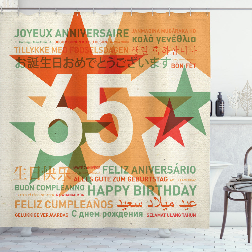 65th Birthday Celebration: Multicolor Shower Curtain with Birthday Languages Theme