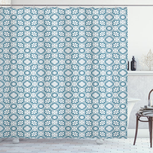 Vintage Slate Blue and Pale Blue Curl Pattern Shower Curtain Design