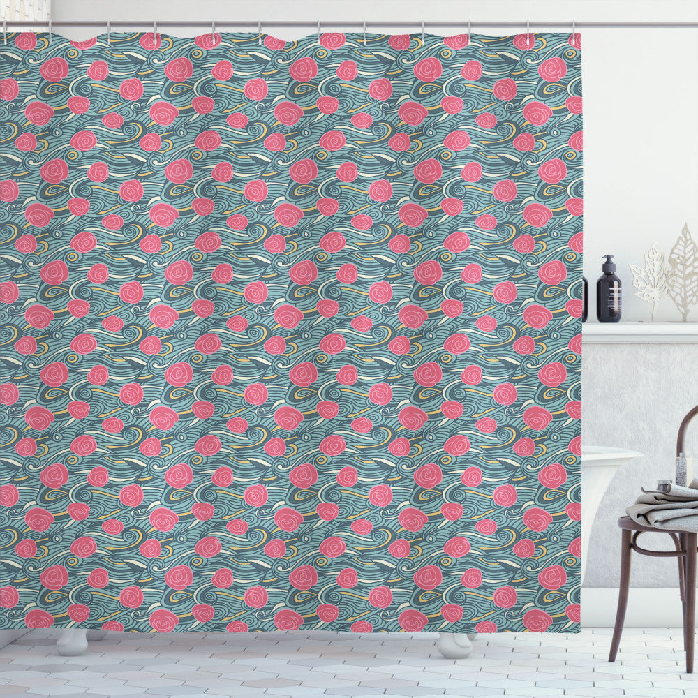 Abstract Multicolor Waves and Roses Shower Curtain: A Stunning Combination