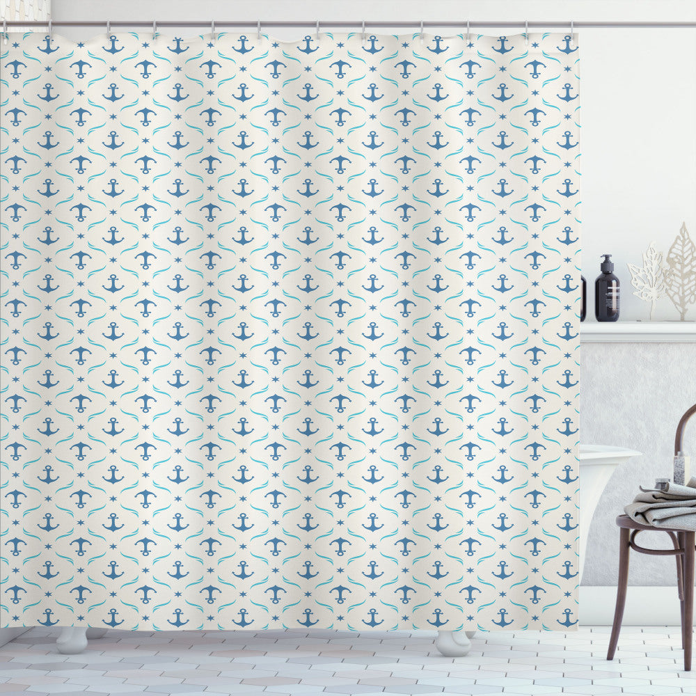 Anchored in Style: Yachting Waves and Stars Shower Curtain in Pale Blue, Beige, and Blue