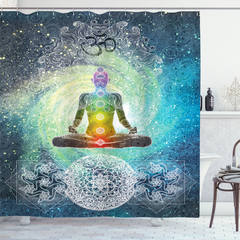 Yoga Inspired Mandala Zen Chakra Motif Turquoise Dark Blue White Shower Curtain