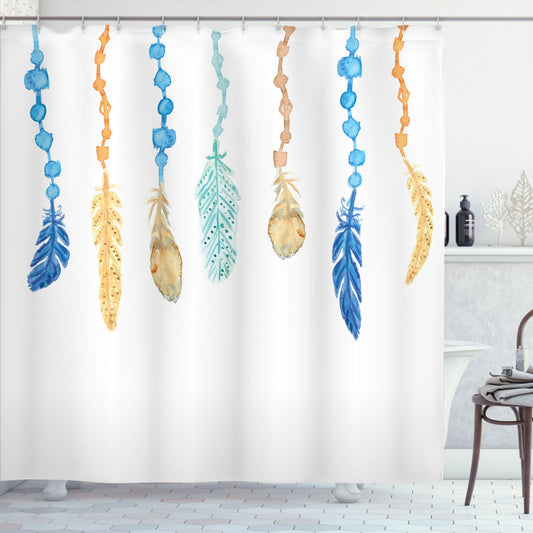 Vibrant Bird Feather Design in Pale Orange, Seafoam, and Blue - Shower Curtain