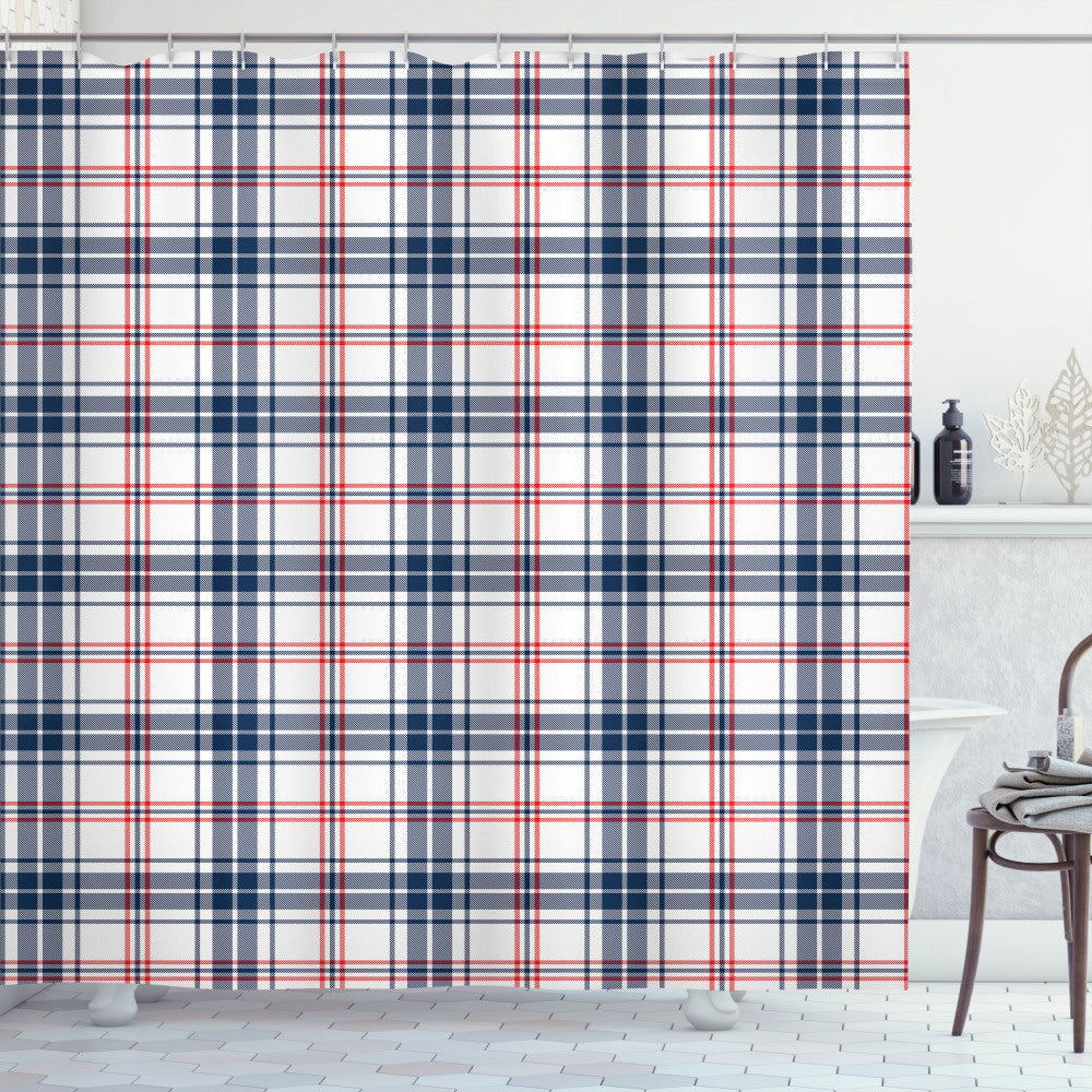 British Country Plaid Shower Curtain in Vermilion, Navy Blue, and White